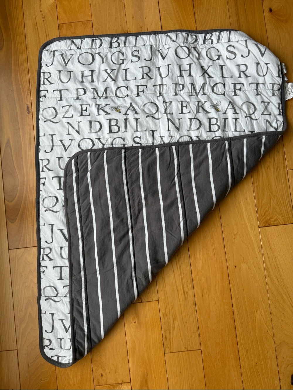 Burt's Bees Baby Reversible Gray & White Letter Print and Stripe Throw